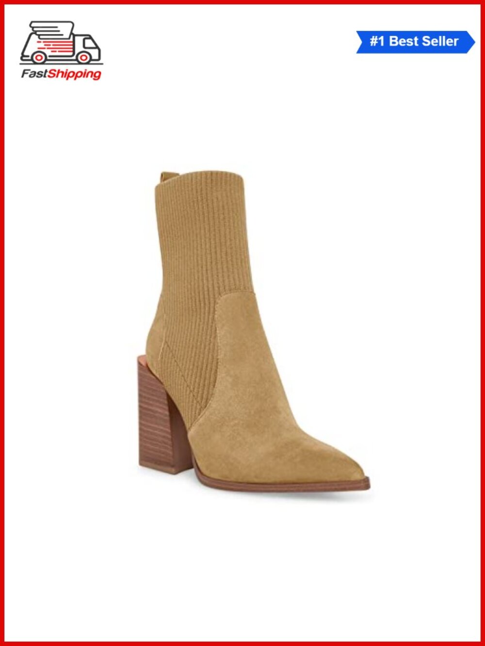 ✨ Chunky Stacked Heel Pointed Toe Slip On Ribbed Knit Sock Ankle Booties